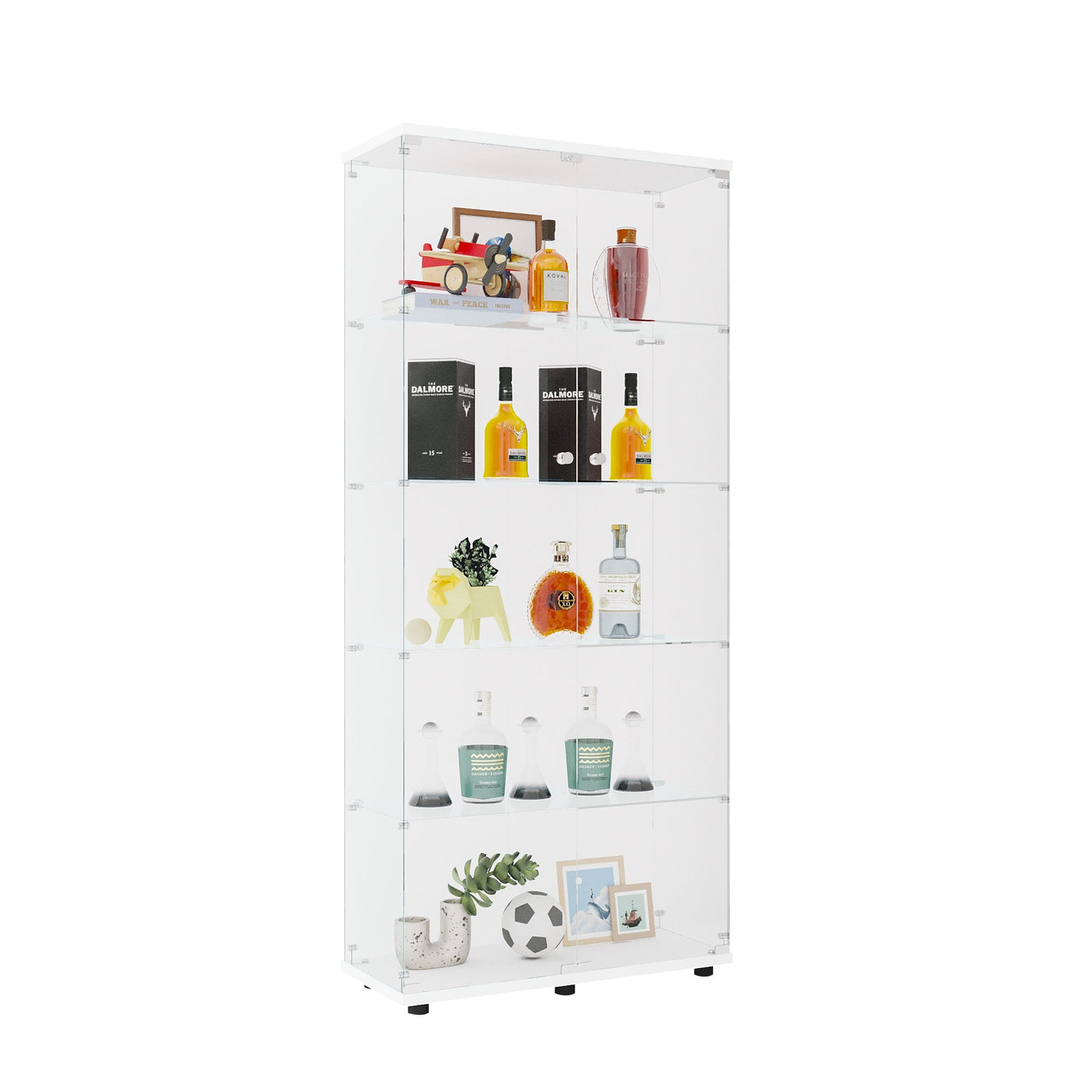 Two Door Glass Cabinet Glass Display Cabinet with 5 Shelves, White
