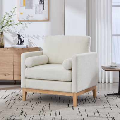 35.4' Wide Modern Farmhouse Performance Accent Chair with Natural Wood Legs, Wood Base Reading Armchair Single Sofa with Two Bolster Pillows for Living Room Offices and Lounge, Ivory Boucle.