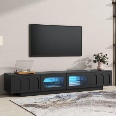 TV Stand with Fluted tempered Glass Doors for TVs Up to 95", Functional Media Console with Arched Cabinet Doors, Entertainment Center with APP-Controlled LED Light for Living Room, Black
