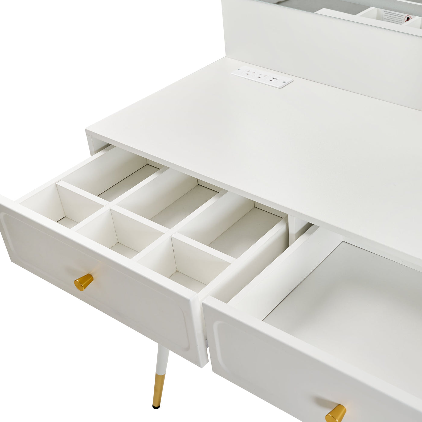 Modern Makeup Vanity Desk with Mirror and Lights, Retractable Dressing Table with Drawers and Cabinet, Compact Makeup Table Set with Power Outlet for Bedroom, White