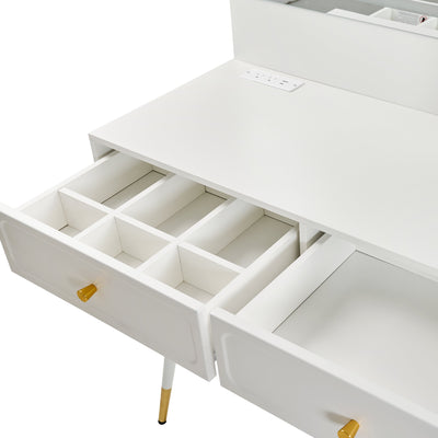 Modern Makeup Vanity Desk with Mirror and Lights, Retractable Dressing Table with Drawers and Cabinet, Compact Makeup Table Set with Power Outlet for Bedroom, White