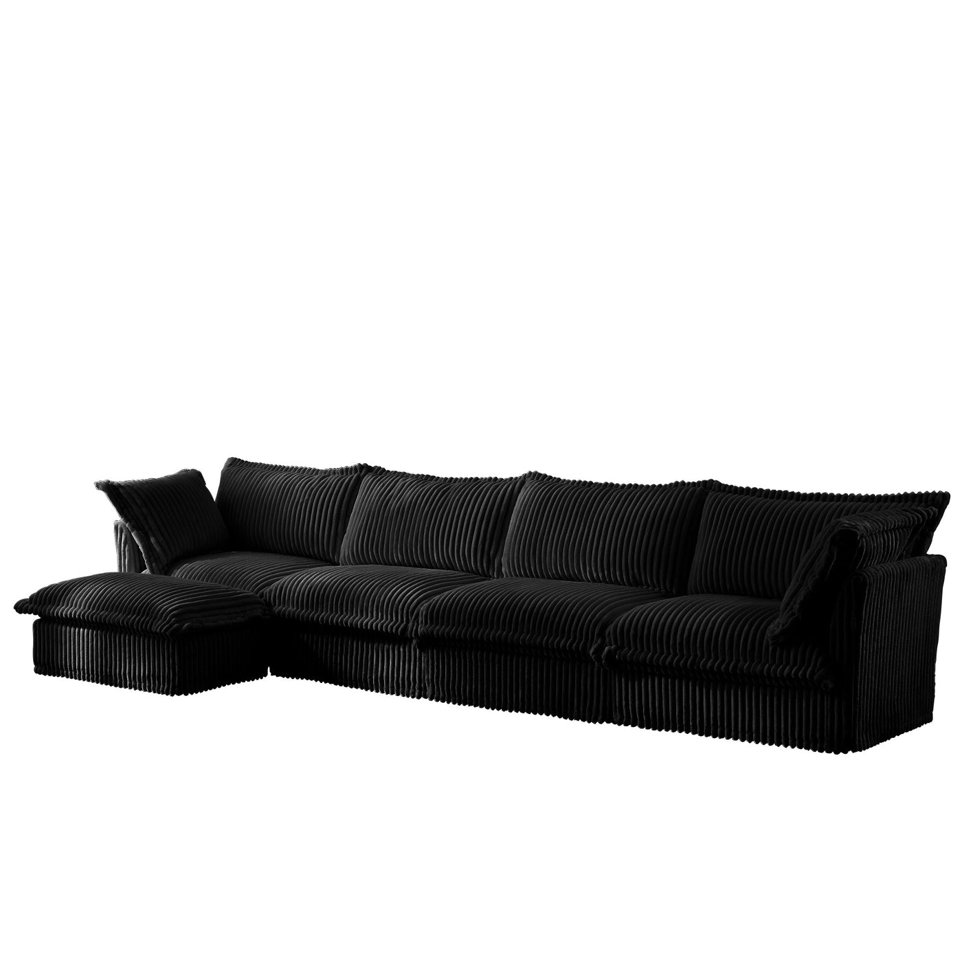 Slipcovered L Shape Sectional Long Sofa Couch, 4 Seater Sofa with Suppleness Armrests,Deep Seat Sofa with 2 Big Pillows, Comfy Couch for Living Room, Apartment, Black Corduroy Fabric