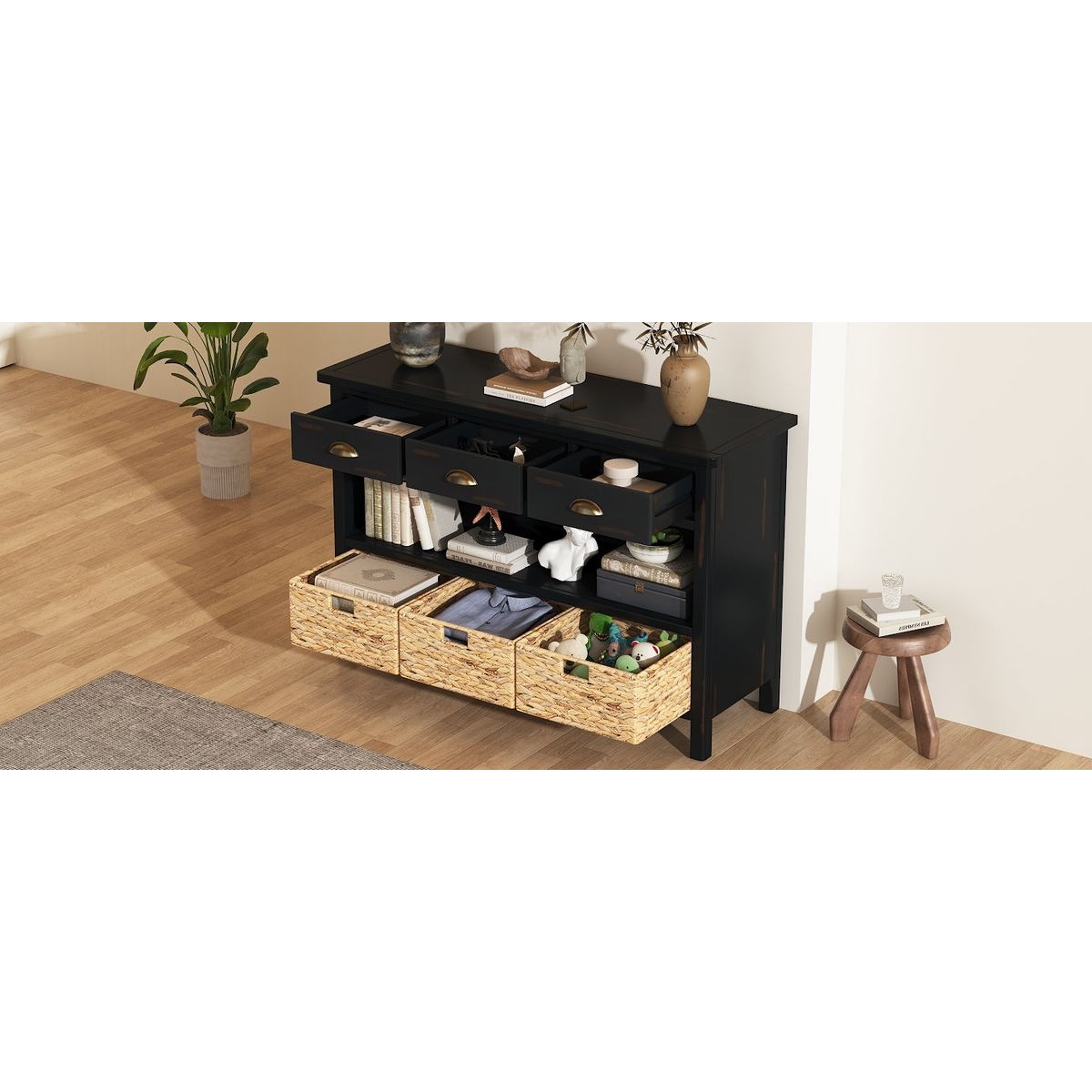 TREXM Retro Console Table with 3 Storage Drawers, Entryway Table with 3 Water Hyacinth Woven Baskets,Wooden Accent Sofa Table Buffet Cabinet for Entryway, Hallway and Living Room (Espresso)