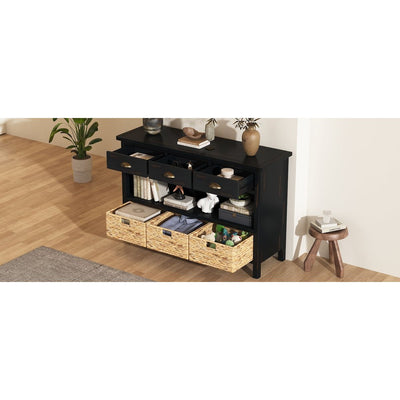 TREXM Retro Console Table with 3 Storage Drawers, Entryway Table with 3 Water Hyacinth Woven Baskets,Wooden Accent Sofa Table Buffet Cabinet for Entryway, Hallway and Living Room (Espresso)