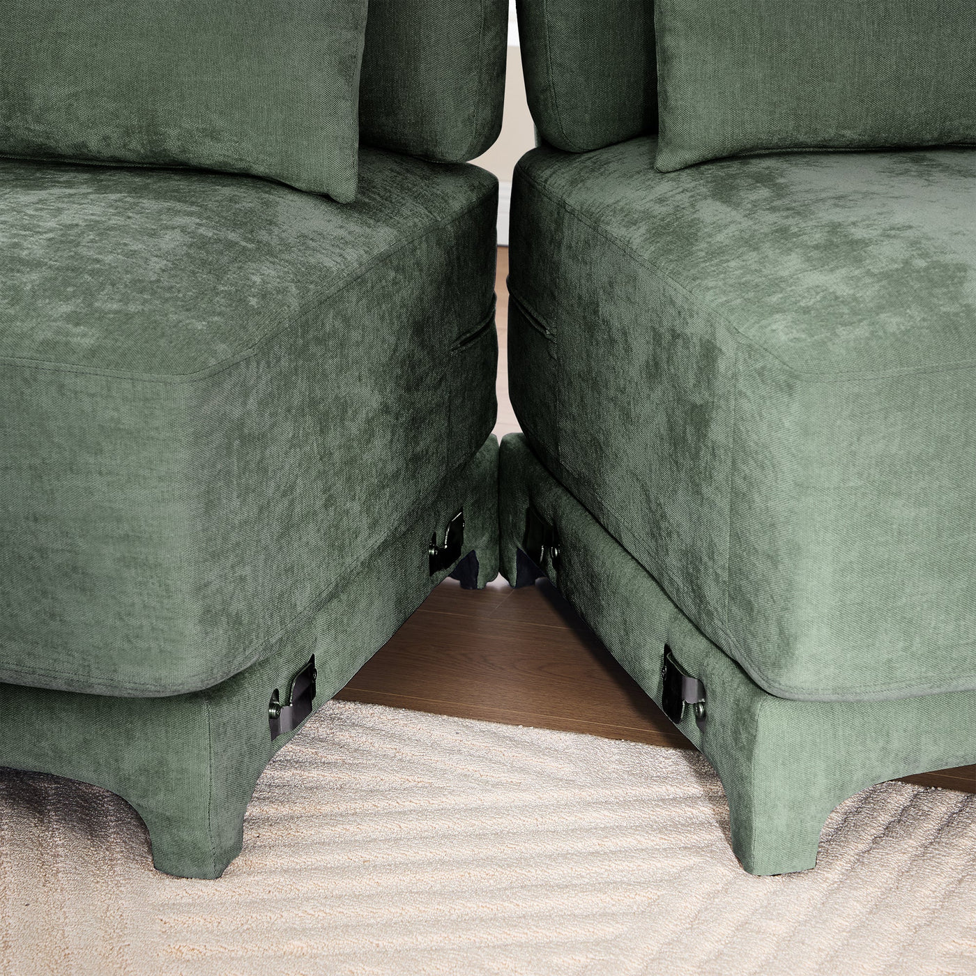 Stylish Two-Seater Sofa with Ottoman and Lumbar Pillows, Green Chenille Fabric, Ergonomic Design
