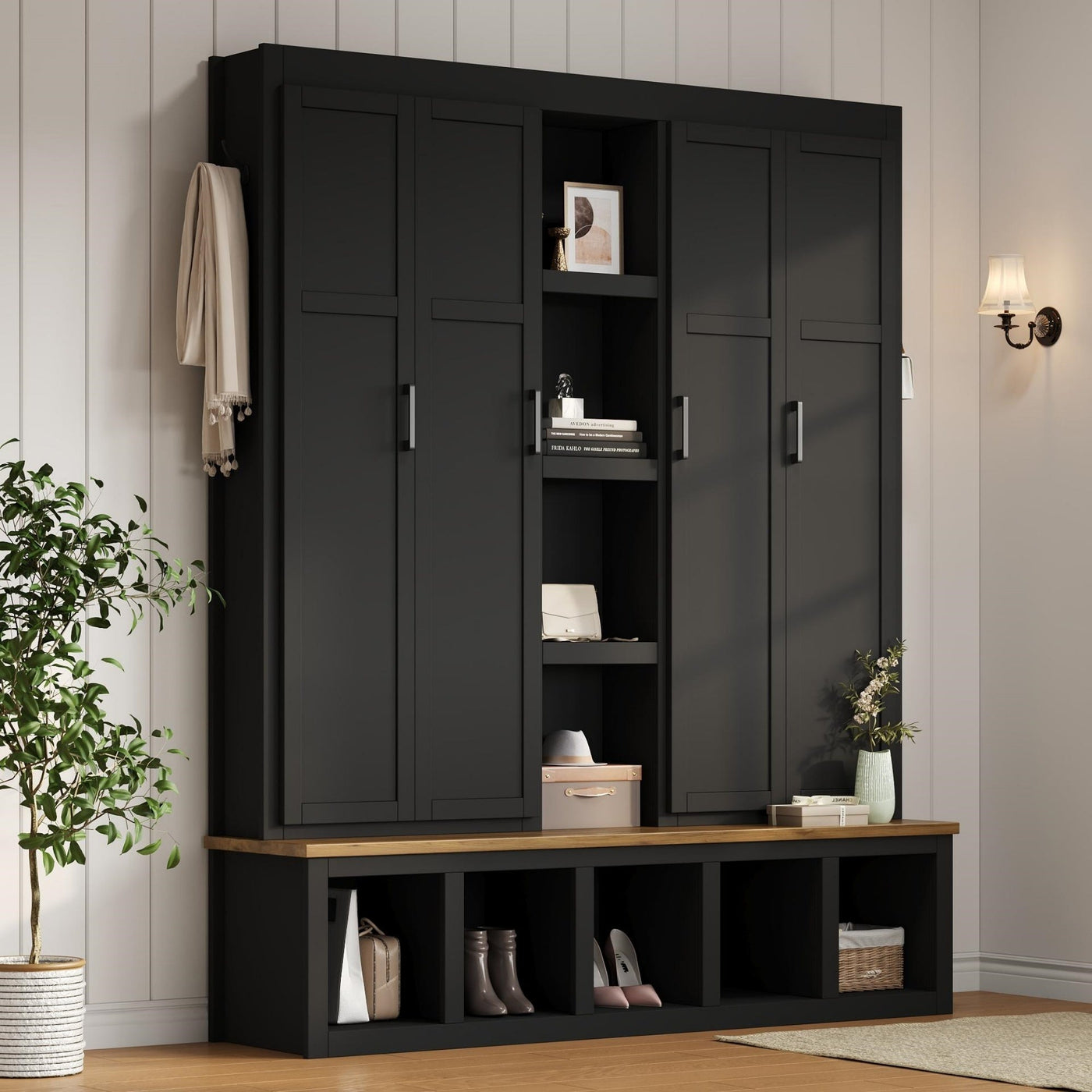 ON-TREND 62.9'W Farmhouse 4-in-1 Hall Tree with 6 Hanging Hooks, Mudroom Wood Grain Bench with Open Compartments, Entryway Shoe Cabinet with Seating Bench for Living Room, Hallway, Black