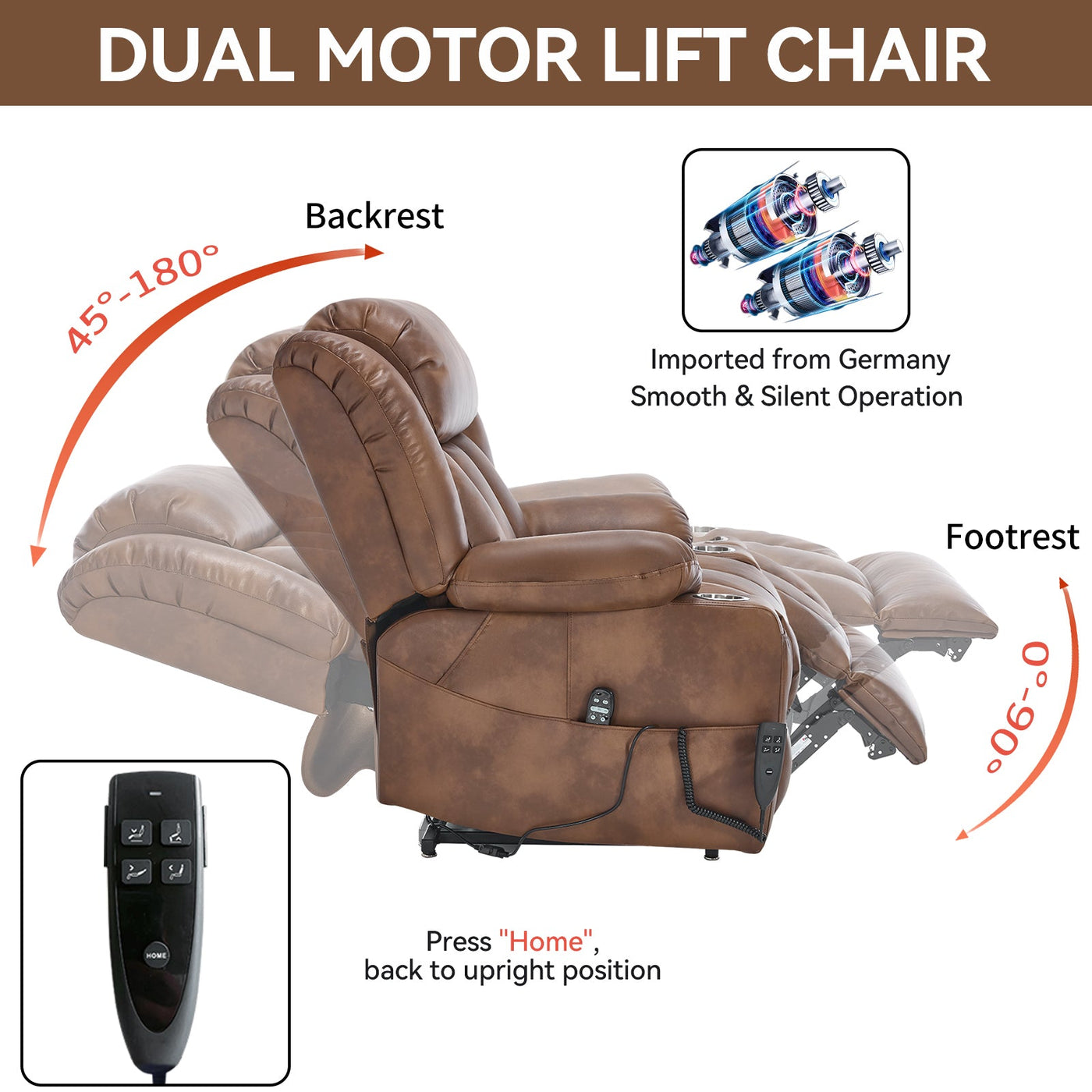 Dual Motor Infinite Position Up to 350 LBS Leatherair Power Lift Recliner Chair, Heavy Duty Motion Mechanism with 8-Point Vibration Massage and Lumbar Heating, Stainless steel Cup Holders, Brown