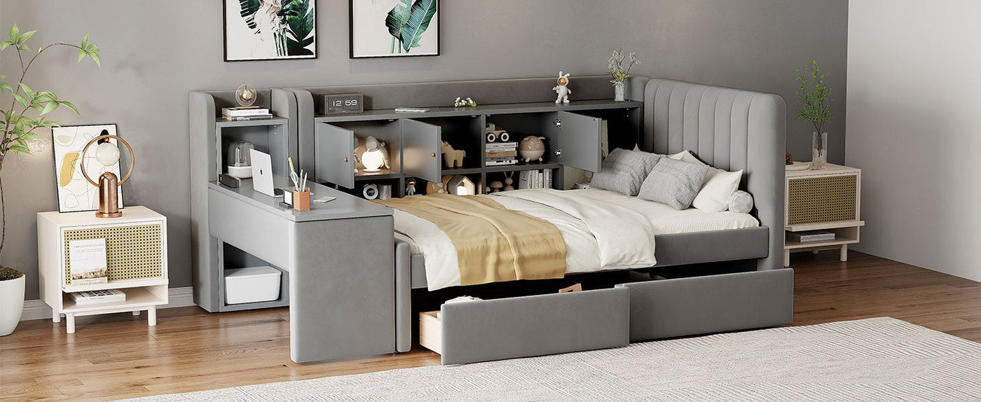 Twin Size Upholstered Daybed with Drawers, Shelves, Flip Cabinets & Side Table (Gray)