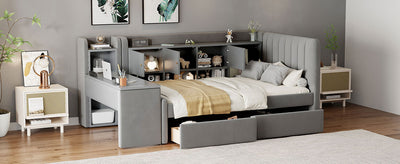 Twin Size Upholstered Daybed with Drawers, Shelves, Flip Cabinets & Side Table (Gray)