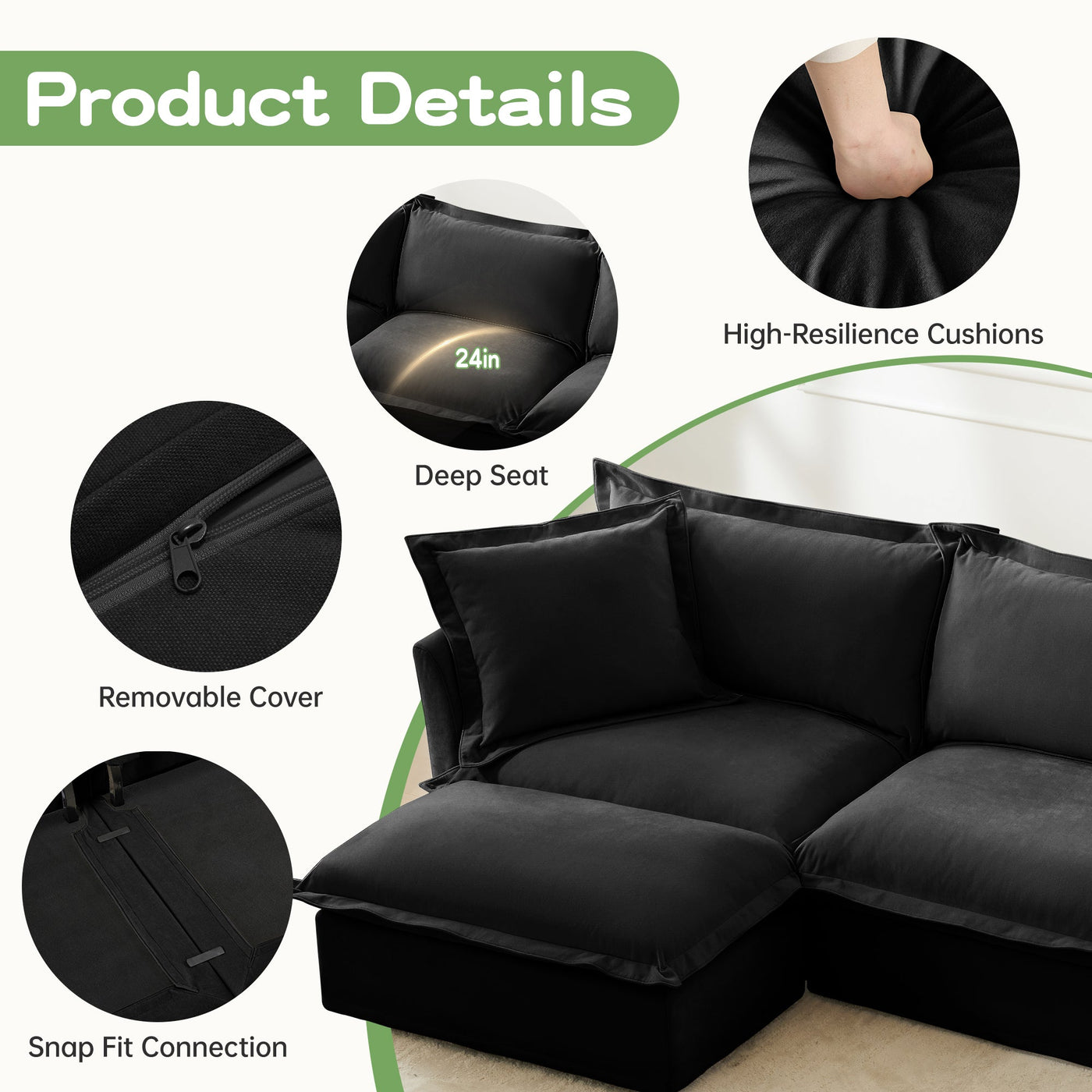 Slipcovered Sectional 2 Seater Sofa Couch with Convertible Ottoman, Wide and Deep Seat L Shaped Sofa with Detachable Cover and Soft Multiple Big Pillows, Chenille Fabric,Black