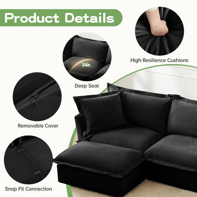 Slipcovered Sectional 2 Seater Sofa Couch with Convertible Ottoman, Wide and Deep Seat L Shaped Sofa with Detachable Cover and Soft Multiple Big Pillows, Chenille Fabric,Black