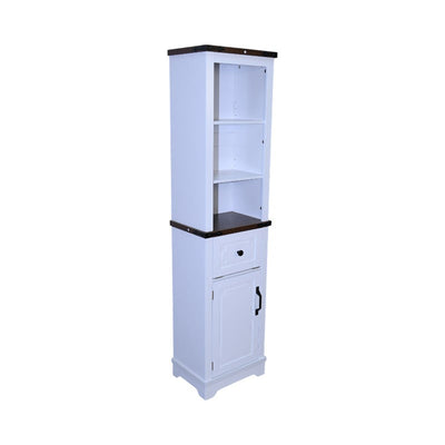 Narrow cabinet,Bathroom Storage Cabinet, Farmhouse Storage Cabinet with Adjustable Shelves & Storage Drawer, Tall Linen Tower for Bathroom, Living Room, White with black walnut color (top)