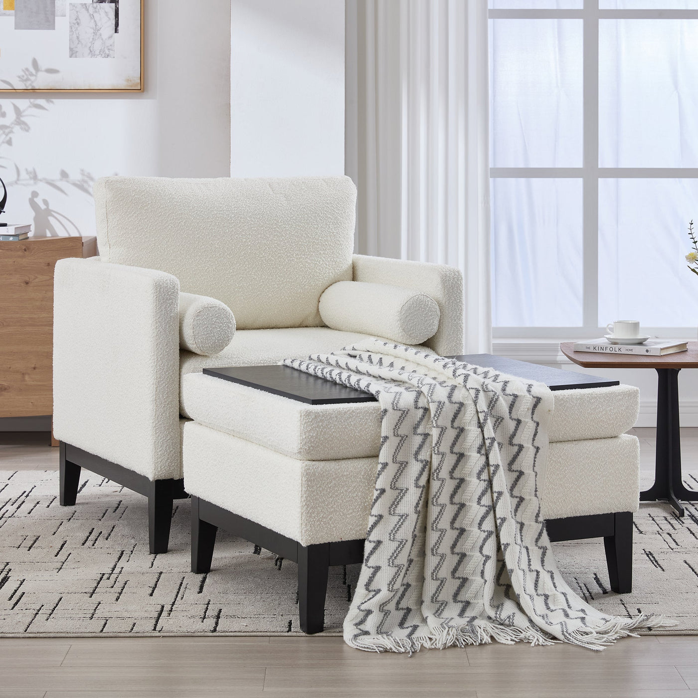 Farmhouse 35.4 in. Upholstered Accent Chair with Ottoman, Ivory Boucle and Black Wood Base, Reversible Lid Coffee Table for Living Room or Office