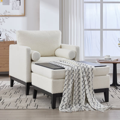 Farmhouse 35.4 in. Upholstered Accent Chair with Ottoman, Ivory Boucle and Black Wood Base, Reversible Lid Coffee Table for Living Room or Office