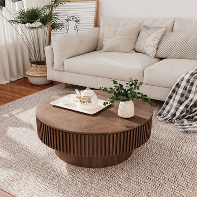 31.5'' Round Coffee Table with Storage Solid Wood Veneered Modern Coffee Table Accent Tea Table for Living Room, Bedroom, Apartment or Office, Walnut