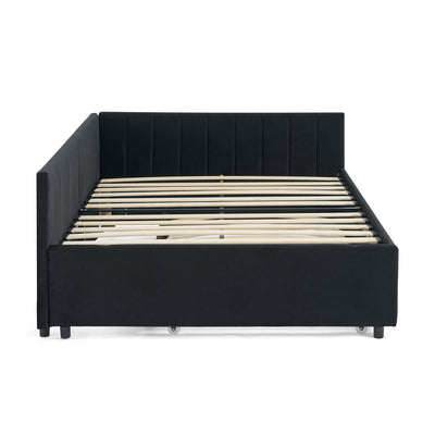 Full Size Daybed with Trundle Upholstered Tufted Sofa Bed, Sofa Bed Frame with Comfortable Backrest and Armrests, Velvet, Black(79.5''x58''x25'')