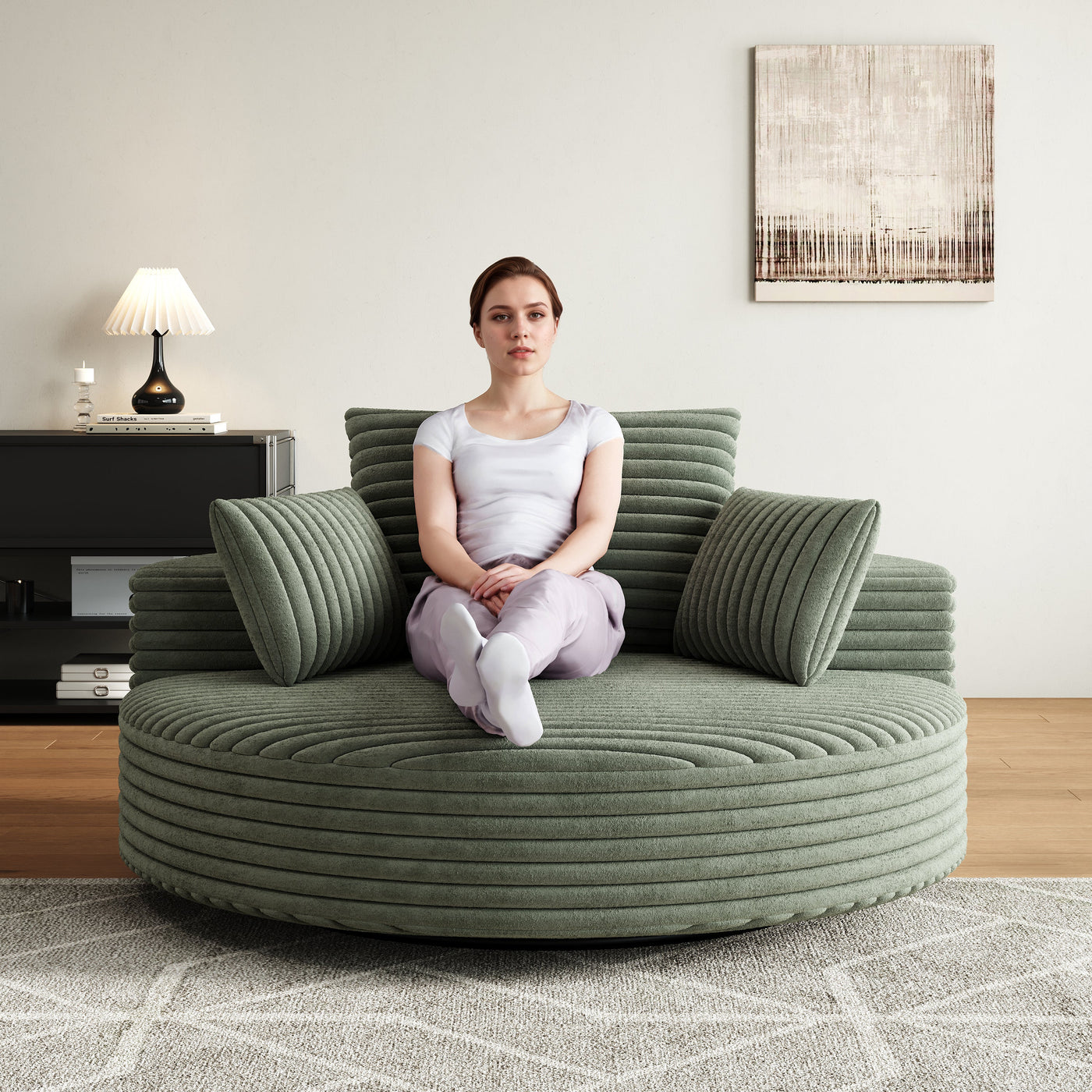 55''L Corduroy Chenille Foam Single Swivel Chair, Fluffy Modern Sleeper, 360 Degree Swivel Chair for Living Room, Bedroom, Lounge and Projection Room