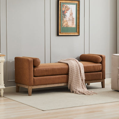 Elegant Upholstered Bench,Daybed,Ottoman with Wood Legs & 2 Bolster Pillows,Brown PU,66.34'W