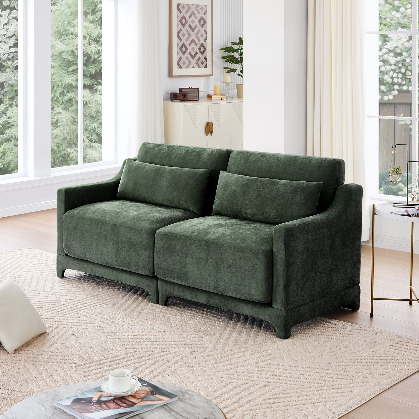 Elegant Two-Seater Chenille Fabric Sofa with Lumbar Pillows, Ergonomic Design, Green