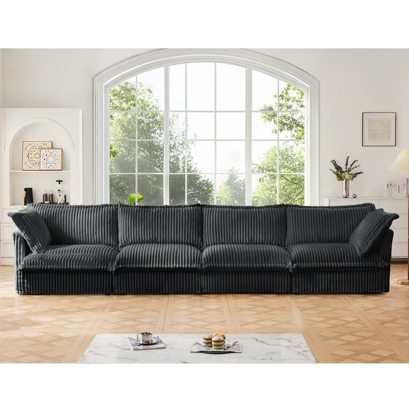 Slipcovered Long Sofa, 4 Seater Sofa with Removable Cover, Extra Deep Couch for Living Room, Corduroy Fabric Cloud Like Comfy Sofa Couch, Gray Corduroy Fabric