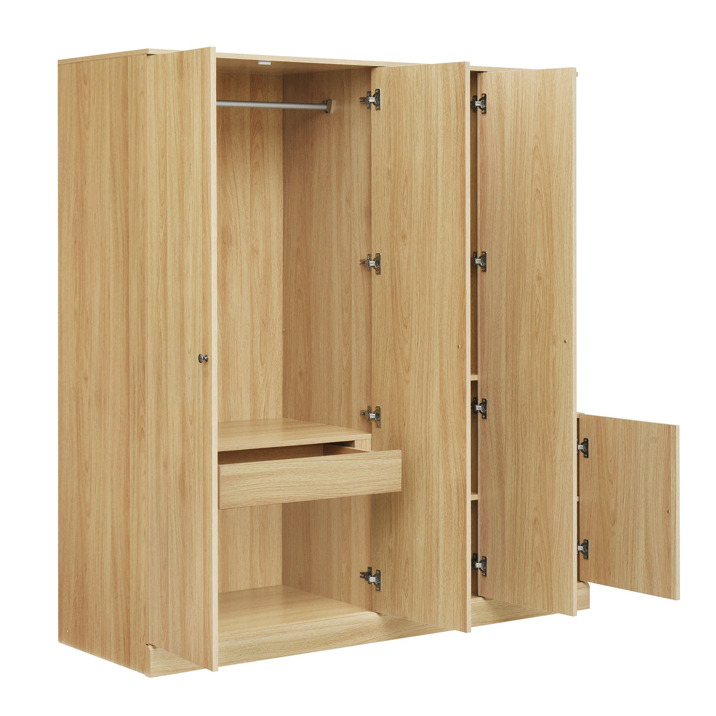 4-Door Wardrobe with Shelves, Drawers, and Full-Length Mirror, Natural