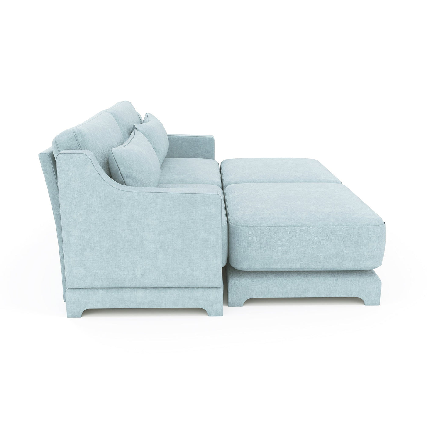 Elegant Two-Seater Sofa with Ottoman and Lumbar Pillows, Sky Blue Chenille, High-Quality Wood