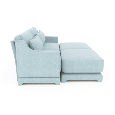 Elegant Two-Seater Sofa with Ottoman and Lumbar Pillows, Sky Blue Chenille, High-Quality Wood