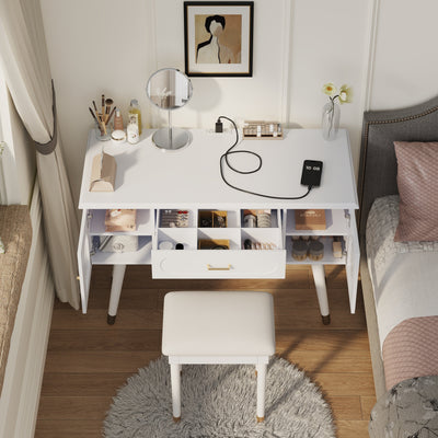 Elegant Vanity Makeup Table & Chair Set, Modern Dressing Table with Organizer, Writing Desk, Charging Port, White, Engineered Wood