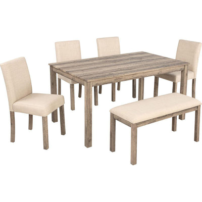 6-Piece Dining Table Set, Wooden Dining Table Set for 6, Kitchen Dining Table Set with 4 Upholstered Chairs and a Bench for Kitchen, Dining Room (Brown)
