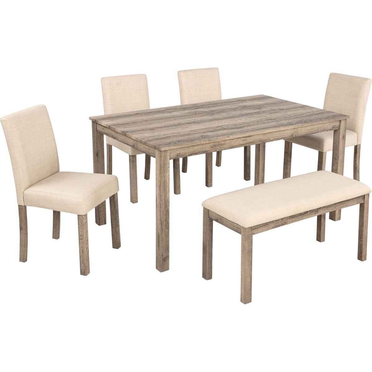 6-Piece Dining Table Set, Wooden Dining Table Set for 6, Kitchen Dining Table Set with 4 Upholstered Chairs and a Bench for Kitchen, Dining Room (Brown)