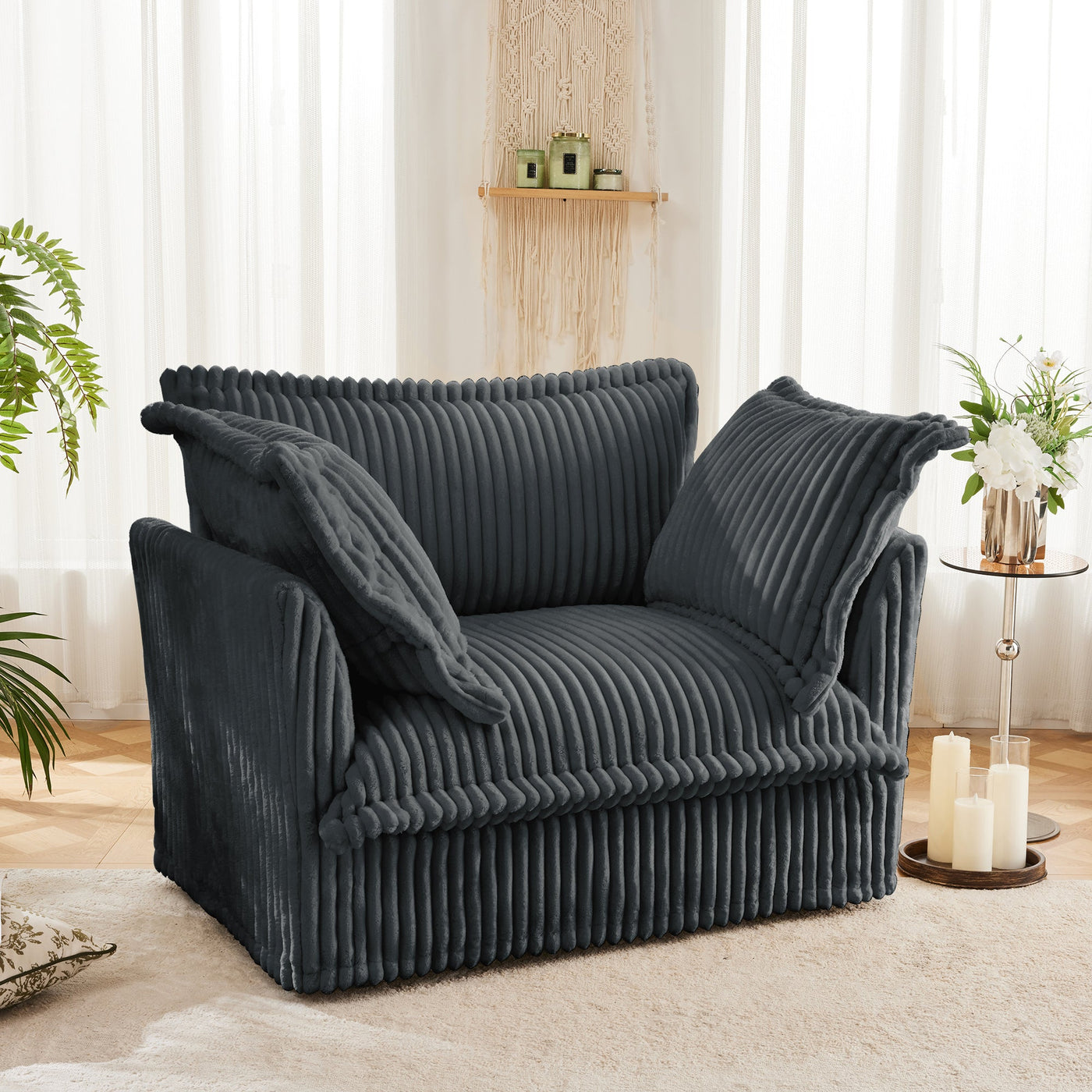 Slip-covered Armchair with 1 Big Back Cushion and 2 Big Toss Pillows, Single Deep Seat Comfy Single Couch Sofa Multiple Large Soft Pillows, Grey  Corduroy Fabric