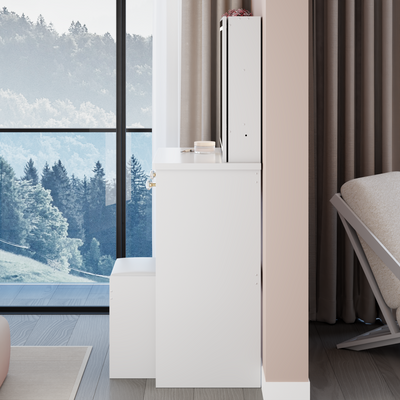 37' Middle Size Left Bedside Cabinet Vanity Table + Cushioned Stool, Extra Large Right sliding mirror, Multi Layer High Capacity Storage, Practical Fashionable Dresser, Suitable For Large Space