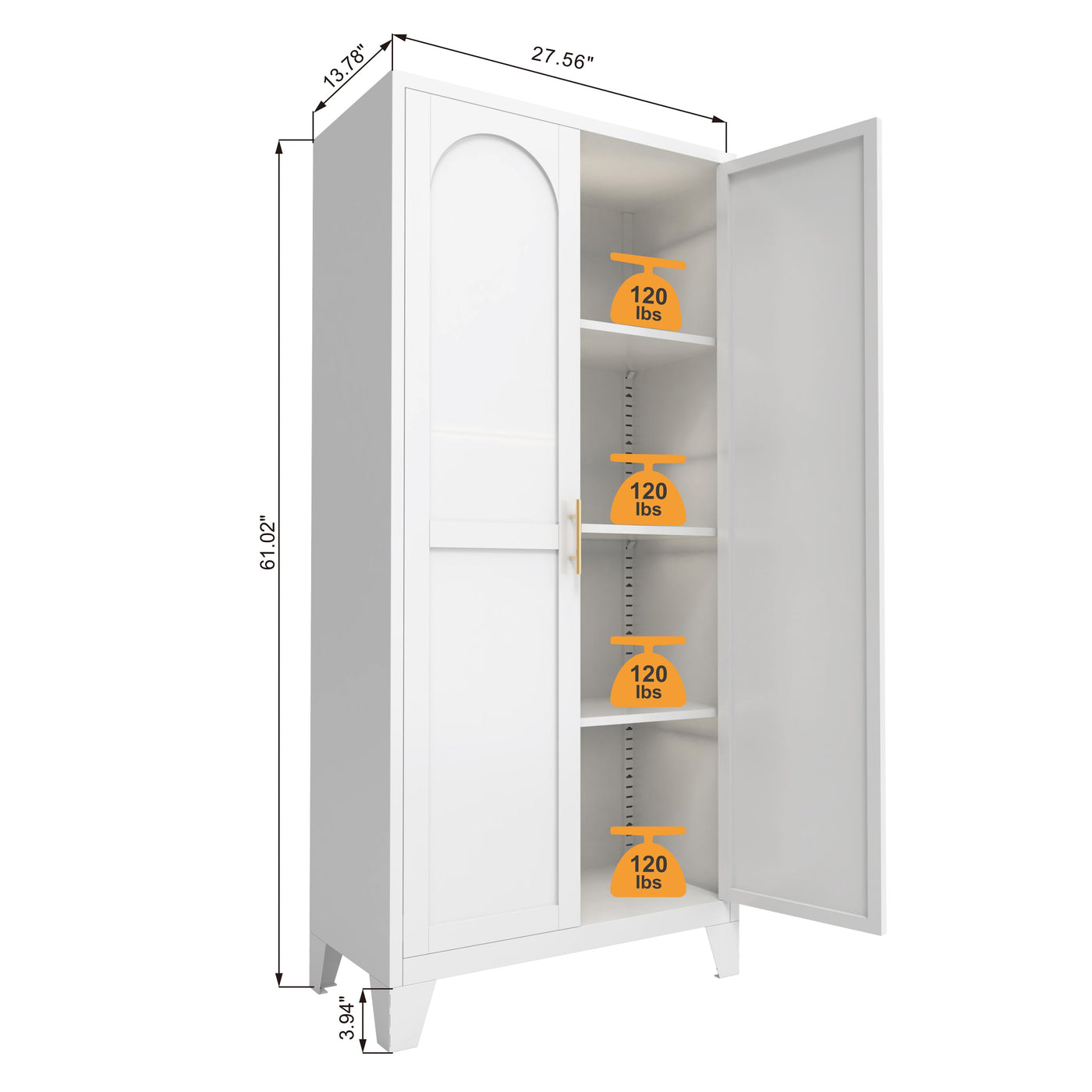 61'' 2 Shapely Doors Cabinet, Metal Storage Cabinet with Doors and Adjustable Shelves, for Bedroom, Living Room-White
