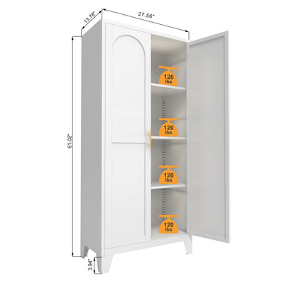 61'' 2 Shapely Doors Cabinet, Metal Storage Cabinet with Doors and Adjustable Shelves, for Bedroom, Living Room-White