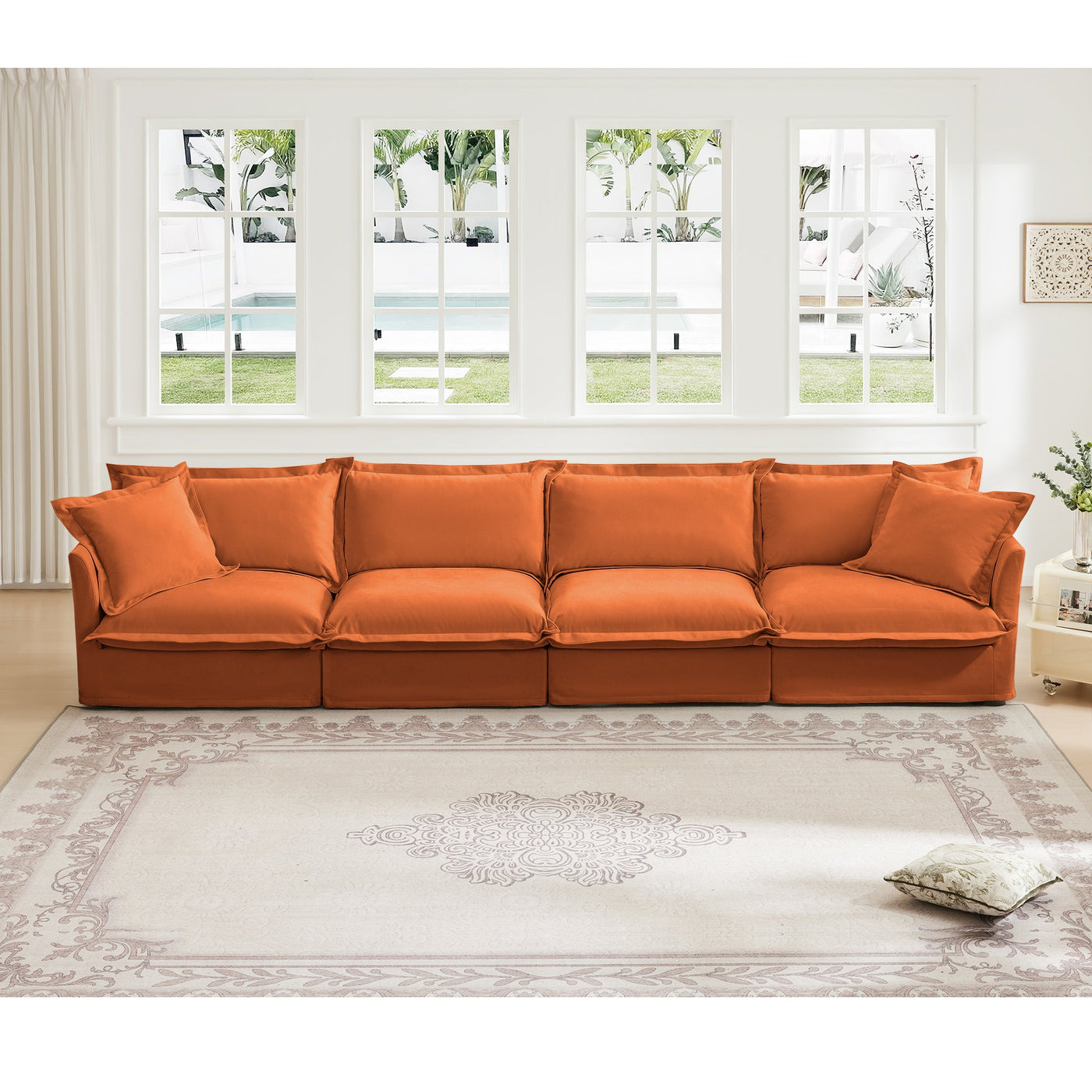 Slipcovered Long Sofa, 4 Seater Sofa with Removable Cover, Extra Deep Couch for Living Room, ,Chenille Fabric Cloud Like Comfy Sofa Couch, Orange Chenille Fabric