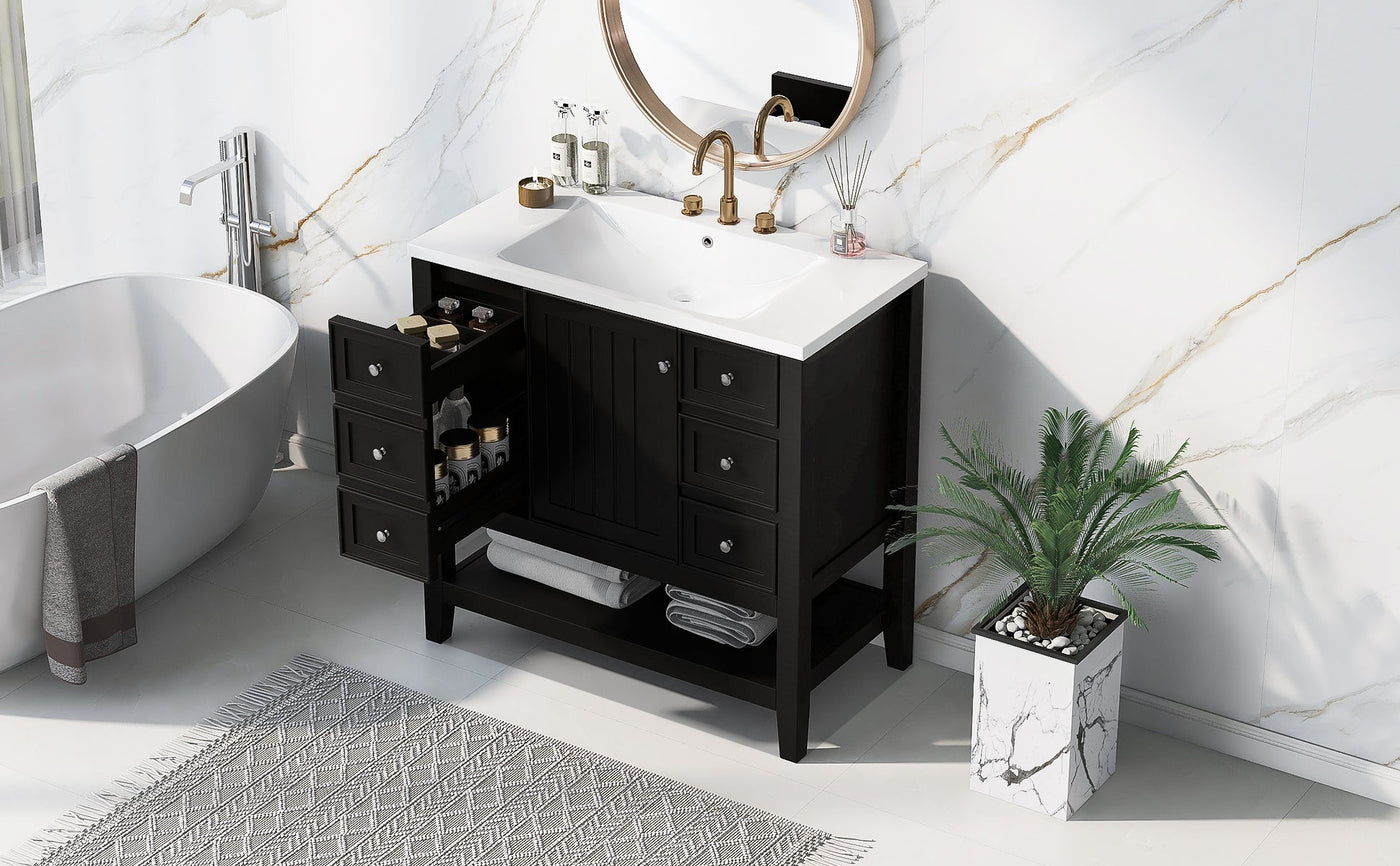 36' Bathroom Vanity with Sink Combo, One Cabinet and Three Drawers, Solid Wood and MDF Board, Black (Old Sku:SY999505AAB)