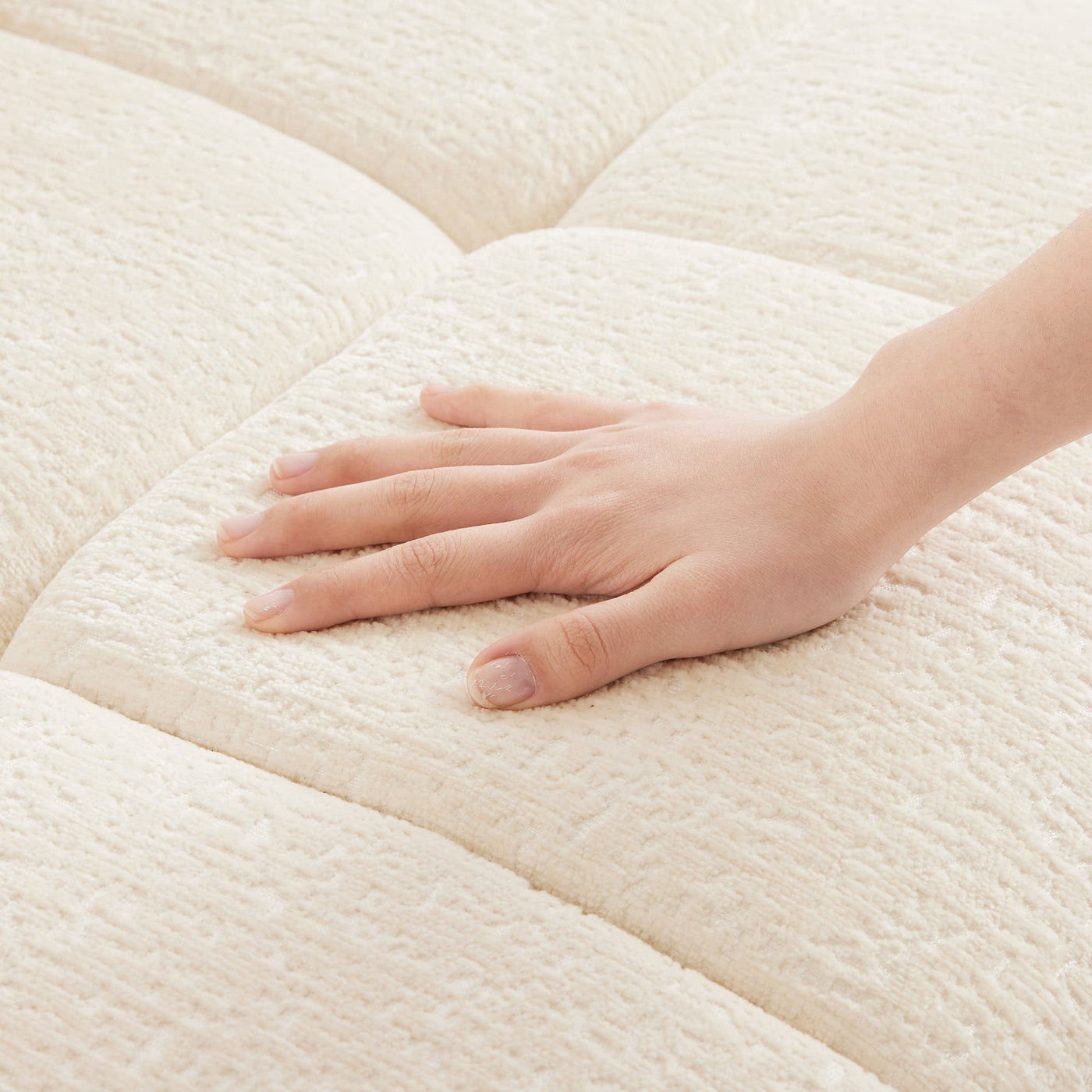 Elegant Textured Chenille 3 Seater Sofa Set with Ottoman and Throw Pillows in Sturdy Solid Wood Frame, White