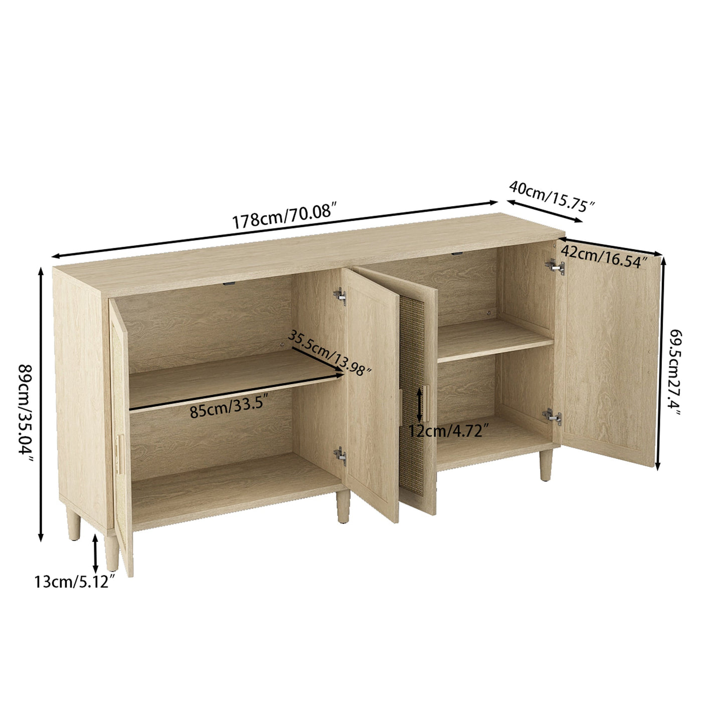 Natural Rattan Buffet Cabinet with Storage, 4-Door Sideboard, Adjustable Shelves, 70-Inch