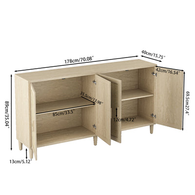 Natural Rattan Buffet Cabinet with Storage, 4-Door Sideboard, Adjustable Shelves, 70-Inch