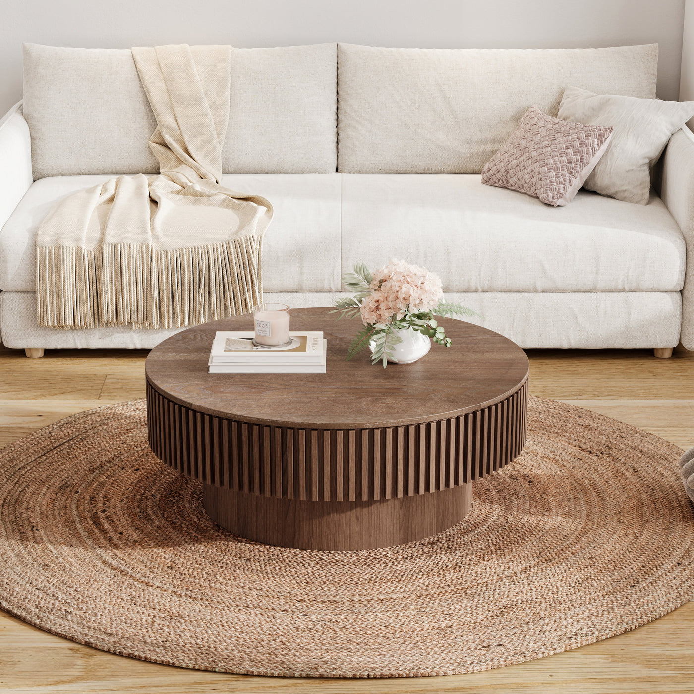 31.5'' Round Coffee Table with Storage Solid Wood Veneered Modern Coffee Table Accent Tea Table for Living Room, Bedroom, Apartment or Office, Walnut