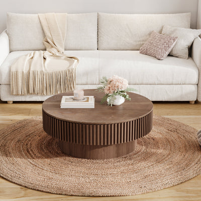 31.5'' Round Coffee Table with Storage Solid Wood Veneered Modern Coffee Table Accent Tea Table for Living Room, Bedroom, Apartment or Office, Walnut