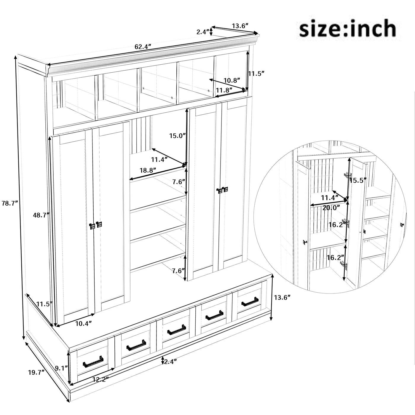 U-Can 78.7'H Hall Tree with Bench and 5 Storage Cubbies, Modern Entryway Storage Organizer Cabinet with 4 Doors, 5 Drawers and Adjustable Shelves for Hallway, Entryway, Living Room