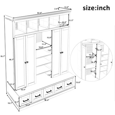 U-Can 78.7'H Hall Tree with Bench and 5 Storage Cubbies, Modern Entryway Storage Organizer Cabinet with 4 Doors, 5 Drawers and Adjustable Shelves for Hallway, Entryway, Living Room
