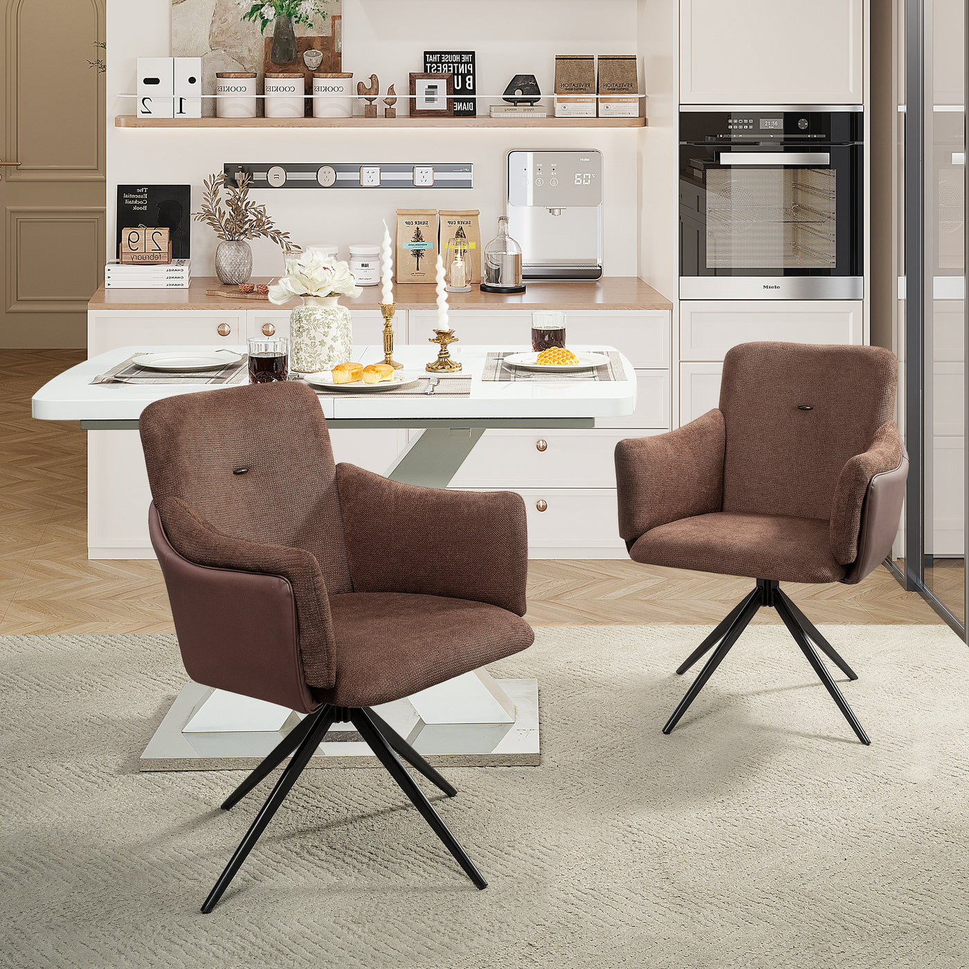 360° Swivel Home Office Desk Chairs Set of 2,Dining Chairs with Arm, Upholstered Bedroom Chairs with Metal Base,Makeup Chair for Vanity, for Living Room, Bedroom,Study Room,Dining Room(Dark Brown)