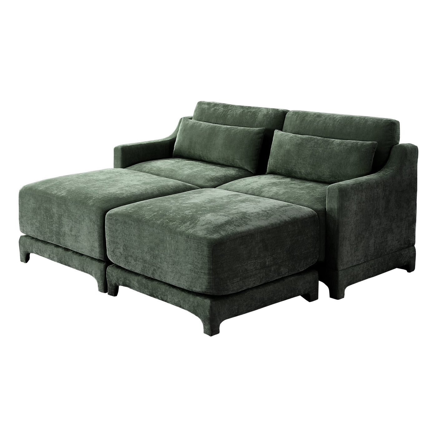 Stylish Two-Seater Sofa with Ottoman and Lumbar Pillows, Green Chenille Fabric, Ergonomic Design