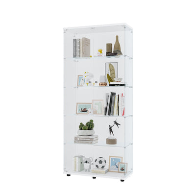 Two Door Glass Cabinet Glass Display Cabinet with 5 Shelves, White
