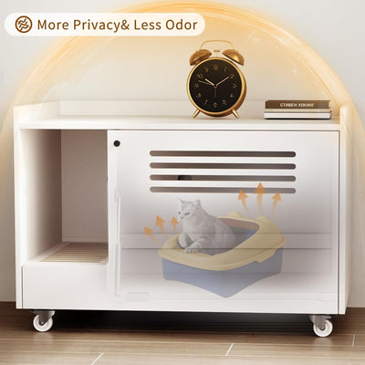 White Cat Litter Box Enclosure,Hidden Litter Box Furniture with top side fence,Wooden Pet House Side End Table, Storage Cabinet Bench for Living Room,,Bedroom, Fit Most of Litter Box