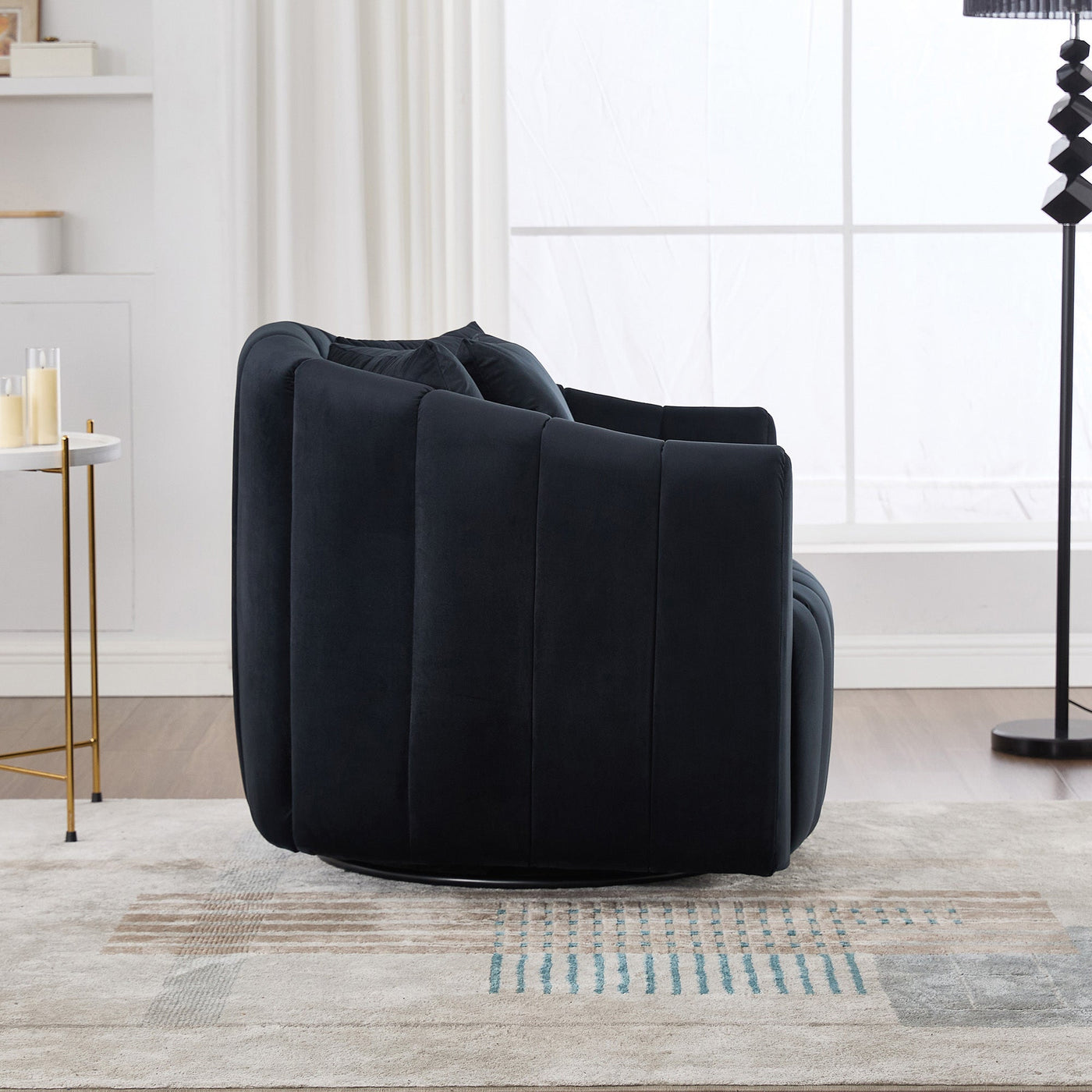 40.35'W Upholstered Oversized 360° Swivel Accent Barrel Chair and Half Cozy Sofa with 3 Pillows, Velvet Channel Tufted Pumpkin-Shape Club Armchair for Living Room, Bedroom, Office, Lounge, Black