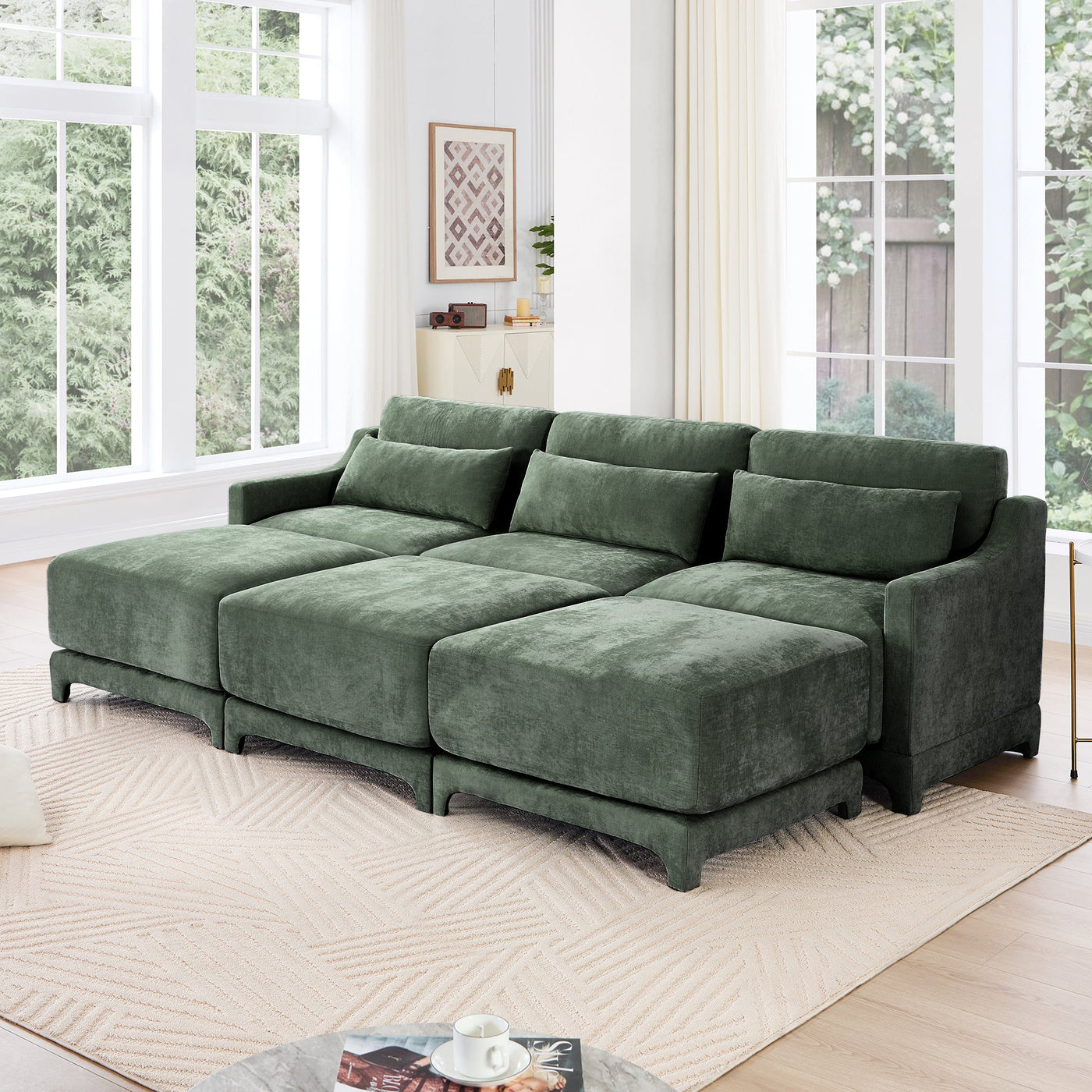 Ergonomic Three-Seater Sofa with Movable Ottomans and Lumbar Pillow in Green Chenille with Wooden Base