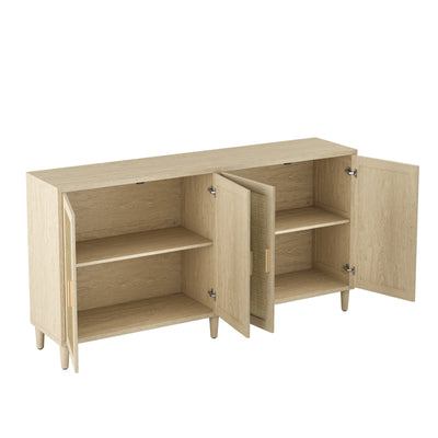 Natural Rattan Buffet Cabinet with Storage, 4-Door Sideboard, Adjustable Shelves, 70-Inch